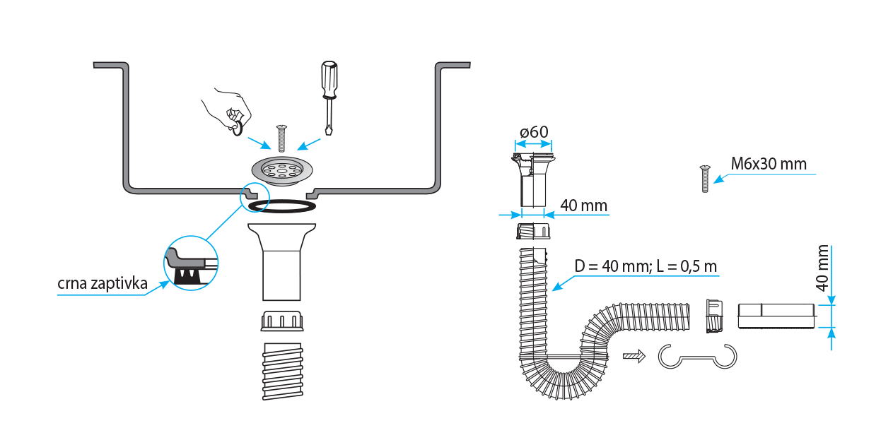 Montaža jednodelnog sifona sudoperu - FLEX