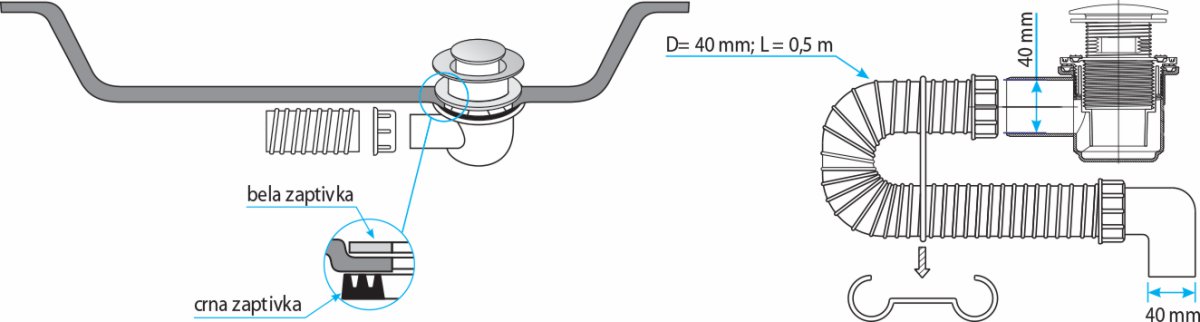 Montaža sifona za tuš kadu CLICK CLACK - dimenzije